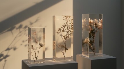 Poster - Elegant floral displays in resin blocks capturing springtime beauty in warm afternoon light