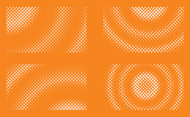 Poster - Halftone comic dot pattern vector set. Abstract radial and diagonal gradient dots on orange background for pop art retro style graphic design use.
