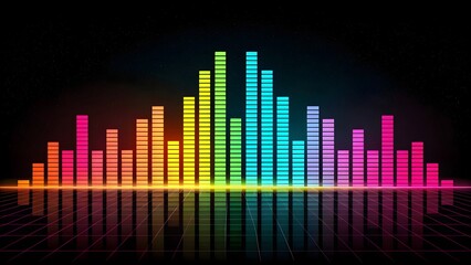 Poster - A vibrant equalizer display with rainbow colors reflecting on a dark grid background with stars