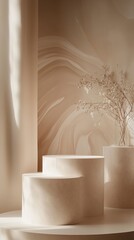 Poster - Minimalist interior design featuring soft lighting, marble decor, and dried floral arrangements in a serene setting