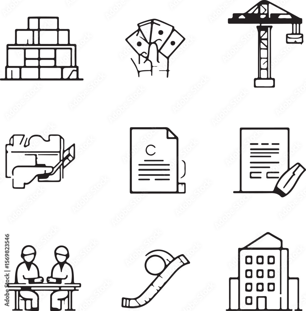 Construction Project Management Planning, Contracts, and Teamwork Icons ...