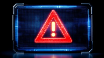 Poster - Bright Red Glowing Triangle with Exclamation Mark in a Futuristic Digital Environment Background