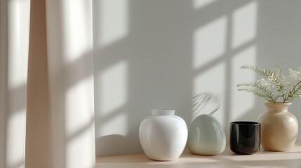 Poster - Modern minimalist interior decor with white, light gray, black, and beige ceramic vases and green plant in natural sunlight