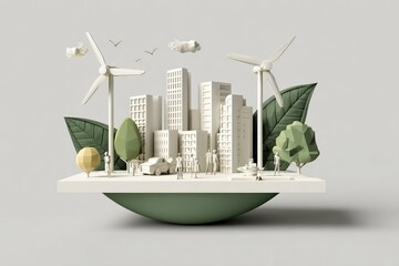 Poster - Modern eco-friendly cityscape with wind turbines green trees and sustainable infrastructure on floating landmass miniature model scene
