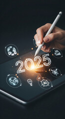 Poster - Hand using stylus on tablet displaying 2025 with digital icons symbolizing technology, AI, and environmental concerns, representing future planning and innovation