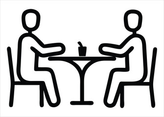 Poster - Two people sitting at a round table with a drink in the middle simple line art icon representing conversation and meeting.