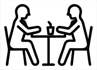 Poster - Two people sitting at a table with a drink between them depicted in a simple modern black and white line art style representing conversation or a meeting