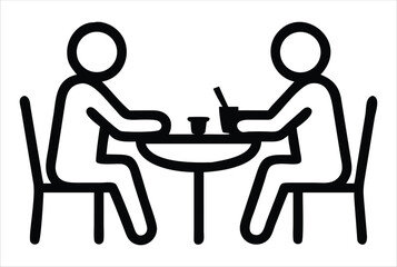 Poster - Two people sitting at a round table with drinks and straws a simple black and white illustration representing conversation or dining together