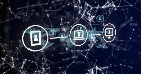 Poster - Upon phone icon appearing icons linking line with BTC tokens flowing showing network transactions