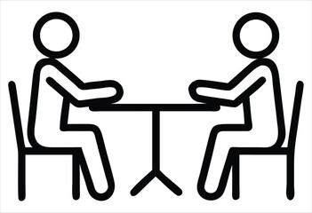 Poster - Two people sitting at a table engaged in conversation or a meeting depicted in a simple black and white line art icon style