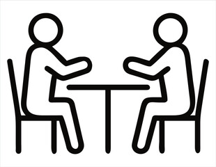 Poster - Two stick figures sitting at a table facing each other, representing a meeting conversation or discussion in a simple black and white icon style