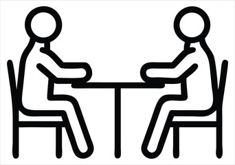 Poster - Two stick figures sitting at a table facing each other, representing a meeting conversation or discussion in a simple black and white icon style