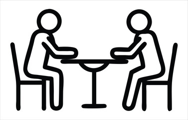 Poster - Two stick figures sitting at a table facing each other, representing a meeting conversation or discussion in a simple black and white icon style