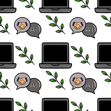 Seamless vector pattern featuring laptops, handshake symbols, AI lettering, and green leaves, illustrating a concept of AI partnership and collaboration in a modern tech environment.