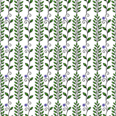 Poster - Seamless vector pattern of stylized green leaves and small purple flowers arranged in vertical stripes on a white background, creating a delicate and elegant design.