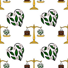 Poster - Seamless vector pattern featuring golden scales of justice balancing a briefcase and a heart-shaped floral arrangement, symbolizing work-life balance with nature.