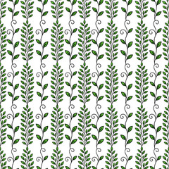 Poster - Seamless vector pattern of stylized green leaves arranged in vertical lines on a white background, creating a fresh and elegant design ideal for various applications.