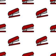 Poster - Seamless vector pattern of red office staplers, a playful design featuring repeating burgundy and gray stationery elements on a white background, ideal for office-themed projects.