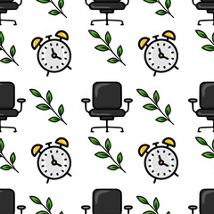 Poster - Seamless vector pattern of office chairs, alarm clocks, and green leaves, creating a cheerful and productive workspace vibe.
