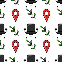 Poster - Seamless vector pattern featuring office chairs, location markers, and stylized green leaves, creating a modern and minimalist design ideal for office-themed projects.
