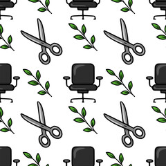 Poster - Seamless vector pattern featuring office chairs, scissors, and green leaves, a unique design for backgrounds and textile prints.
