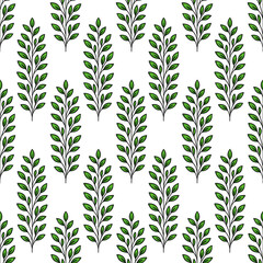 Poster - Seamless vector pattern of stylized green leaves, creating a fresh and vibrant botanical design, ideal for textile prints or packaging.