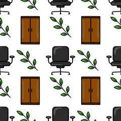 Poster - Seamless vector pattern of office chairs, wooden cabinets, and green leaves, creating a minimalist and fresh office environment illustration.