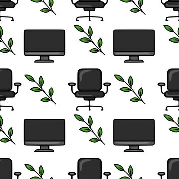 Seamless vector pattern of office chairs, computer monitors, and green leaves, creating a minimalist and modern design for various applications.