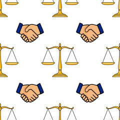 Poster - Seamless vector pattern featuring golden scales of justice and a handshake, symbolizing legal agreements and partnerships.