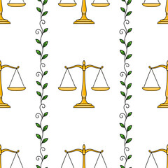 Poster - Seamless vector pattern featuring golden scales of justice and intertwining green leaves, creating a balanced and harmonious design ideal for legal or nature-themed projects.