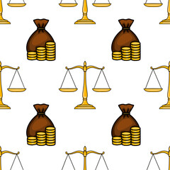 Poster - Seamless vector pattern featuring golden scales of justice and sacks of gold coins, symbolizing the balance of wealth and law.