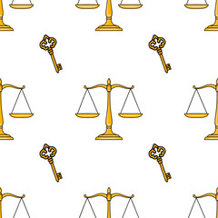 Poster - Seamless vector pattern featuring golden scales of justice and ornate keys, a symbolic design for legal or justice-themed projects.
