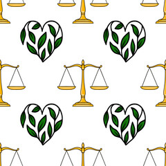 Poster - Seamless vector pattern featuring golden scales of justice and heart-shaped green leaf arrangements, symbolizing balance and natures harmony.