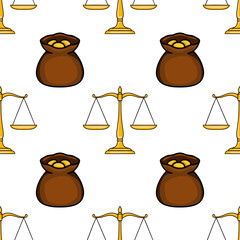 Poster - Seamless vector pattern featuring golden scales of justice and brown sacks of gold coins, illustrating a concept of legal wealth and balance.