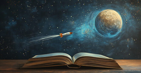 Poster - An open book on a desk with a chalkboard background and a rocket drawing, an Apple Pencil color sketchy drawing of space in the sky, school supplies, high-resolution photography, stock photo.