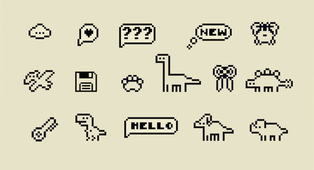 Poster - Pixels Y2k funny playful cute dinosaurs, frames, icon stickers 8-bit retro style vector illustration for social media. Set of pixel art. Emoji pixelated icons.