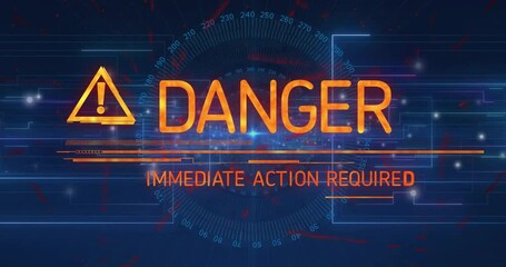 Poster - On startup pulsing lines warning triangle sliding DANGER text morphing to IMMEDIATE ACTION REQUIRED