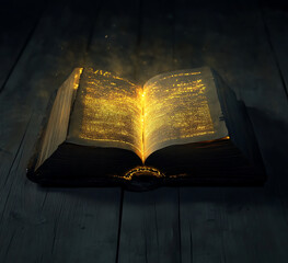 Poster - An open book with pages turning into glowing light particles, representing the magical power of knowledge and inspiration. The background is dark to highlight the illuminated text in gold color.