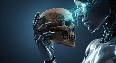 Poster - Metallic robot holds human skull, ethereal energy flows between them, symbolizing AI consciousness, mortality, or technological transcendence