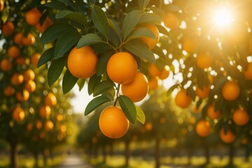 Poster - Golden sunlight illuminates ripe oranges hanging from a branch in a lush grove, creating a vibrant and idyllic scene of natural abundance and agricultural prosperity