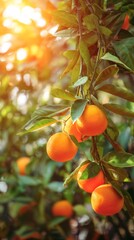 Poster - Golden sunlight illuminates a cluster of ripe oranges hanging from a branch, surrounded by lush green leaves in a vibrant orchard, creating a picturesque scene of natural abundance and freshness