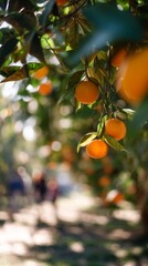Poster - Sunlight filtering through orange tree leaves highlights ripe oranges hanging from branches in a vibrant orchard during the bountiful harvest season