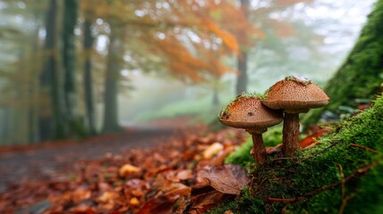 Poster - Two mushrooms are growing on a mossy tree trunk next to a path covered with fallen leaves in a misty autumn forest, creating a serene and magical atmosphere