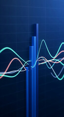 Poster - Abstract image of blue bars and glowing curves on a dark blue grid background, symbolizing growth, data analysis, and financial trends