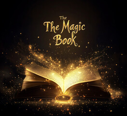 Poster - An open book with pages turning into glowing light particles, representing the magical world of fantasy and imagination. The background is dark to highlight the illuminated text 