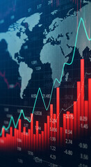Poster - Global stock market chart displaying rising and falling trends, visualized over a world map, representing economic fluctuations and global finance
