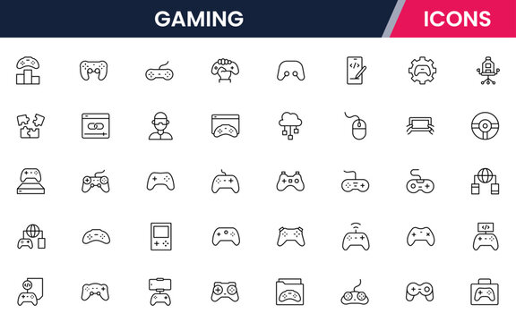 Gaming vector web line icon collection, sleek illustrations of controllers, headsets, consoles, virtual reality for immersive, dynamic designs.