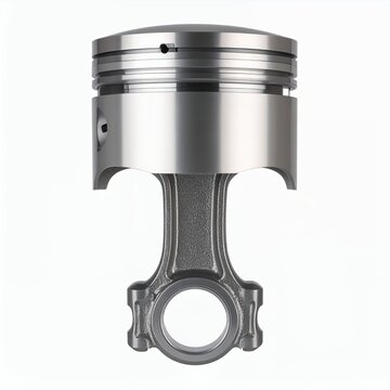 Engine piston component representation, automotive part engineering, mechanical element isolated on white background