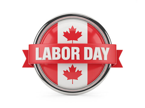Canadian Labor Day Badge Featuring the Canadian Flag and a Red Ribbon with White Text