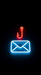 Leinwandbilder - Neon light depicts email and hook, symbolizing phishing, online scam, cyber security threat, digital safety, internet fraud awareness